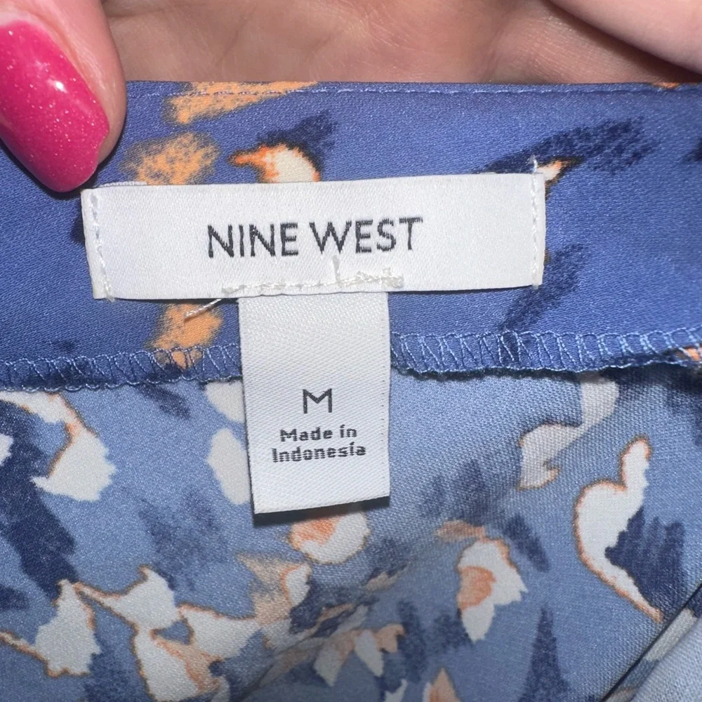 Nine West Stylish Blue and Coral Patterned One Shoulder Ballon Sleeve Mini Dress - Picture 8 of 9